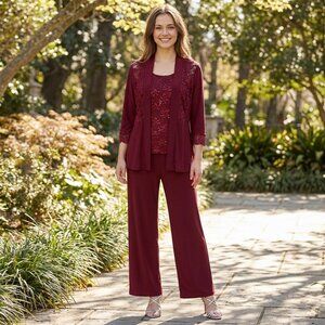 NWOT Fanny 1996 Jersey & Lace Women's Formal Pant Suit-Size XL-BURGUNDY-NEW